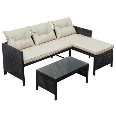 Patio Furniture Sets, 3 Piece Outdoor Conversation Sets with PE Rattan Loveseat Sofa, Glass Coffee Table, All-Weather Patio Sectional Sofa Set with Lounge for Backyard, Porch, Garden, Pool, LLL236