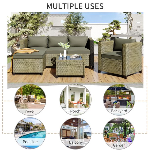 Outdoor Conversation Sets, 5 Piece Patio Furniture Sets with 3-Seater Sofa, Ottoman, Coffee Table, Armchair, Outdoor Patio Sectional Sofa Set with Cushions for Backyard, Porch, Garden, LLL1434