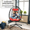 Outdoor Swinging Egg Chair, Patio Wicker Hanging Chairs with Stand, UV Resistant Hammock Chair with Comfortable Red Cushion, Durable Indoor Swing Egg Chair for Garden, Backyard, L3951