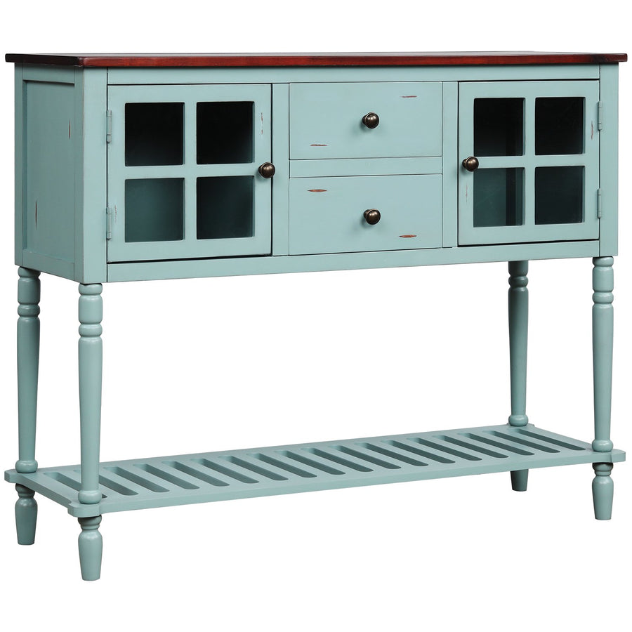 Console Table Buffet Sideboard with 2 Drawers and 2 Glass Cabinet, Retro Farmhouse Tall Wood Sideboard Cupboard w/Solid Wood Frame and Legs and Bottom Shelf for Kitchen, 114lbs, Retro Blue, S6766