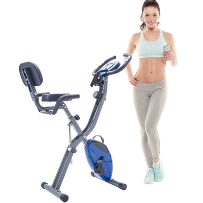 Indoor Cycle Stationary Exercise Bike, Foldable Indoor Recumbent X-Bike with Large LCD Display, Stationary Bike Exercise Equipment w/Adjustable 10-Levels Resistance, Arm Resistance Bands, Blue, S5862