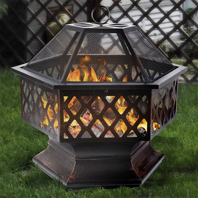 Outdoor Bonfire Pit, 24" Outdoor Hexagon Metal Fire Pit, Wood Burning BBQ Grill Fire Pit Bowl with Spark Screen, Poker, Backyard Patio Garden Fire Pit for Camping, Heating, Bonfire, Picnic, L6222