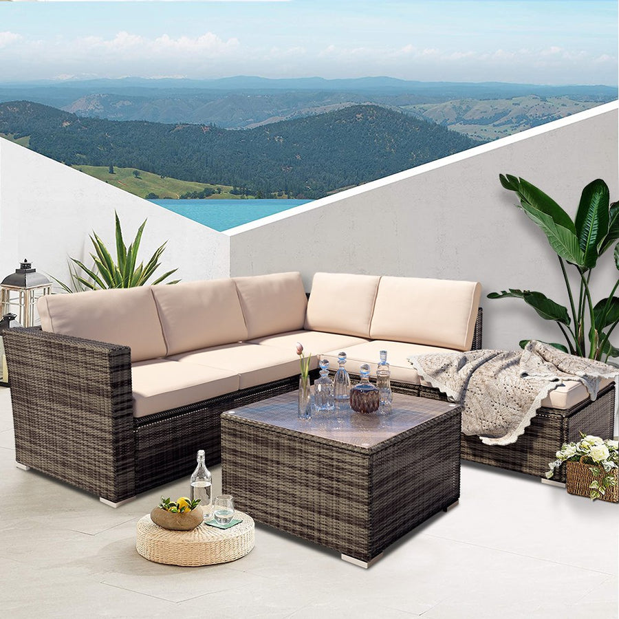 4 Piece Patio Furniture Set, SEGMART Outdoor Furniture Set with Ottoman, Coffee Table, 2-Seater Sofas, Outdoor Conversation Set with Light Khaki Cushions for Backyard, Porch, Garden, Pool, LLL210