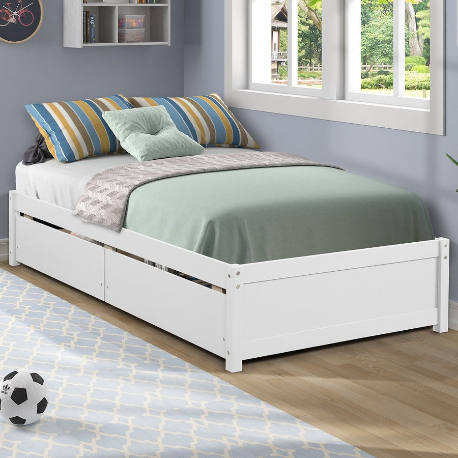 Twin Size Bed with Drawers, Wooden Twin Bed Frame with Storage, SEGMART Twin Bed Frames for Kids/Adults/Teens, Bed Frame No Box Spring Needed, Platform Bed Frame w/ Wood Slat Support, White, H692