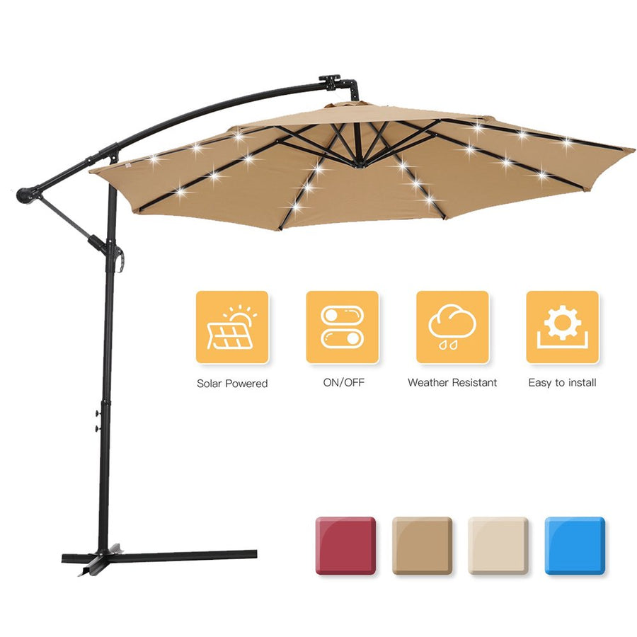Patio Umbrella with Led Lights, 10FT Solar LED Offset Outdoor Umbrella, Hanging Cantilever Market Patio Umbrella with Crank, Cross Base, Backyard Offset Umbrella for Garden Pool Deck, L6088