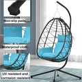 Outdoor Swinging Egg Chair, Patio Wicker Hanging Chairs with Stand, UV Resistant Hammock Chair with Comfortable Light Blue Cushion, Durable Indoor Swing Egg Chair for Garden, Backyard, L3937
