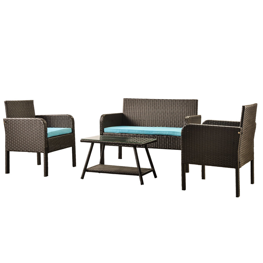 4 Piece Wicker Patio Set, Outdoor Patio Furniture Sets with Glass Dining Table, Loveseat & 2 Cushioned Chairs, Modern Conversation Sets with Coffee Table for Backyard, Porch, Garden, Poolside, L4636