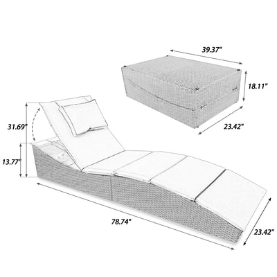 Outdoor Wicker Lounge Chair Set of 2, Folding Reclining Chaise Chairs with Cushion, Poolside Rattan Wicker Pool Recliners Chaise with Comfort Head Pillow, SS2354