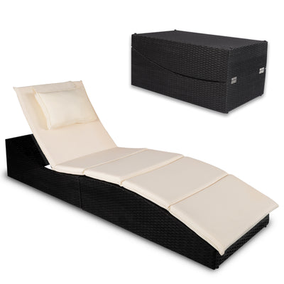 Outdoor Wicker Lounge Chair Set of 2, Folding Reclining Chaise Chairs with Cushion, Poolside Rattan Wicker Pool Recliners Chaise with Comfort Head Pillow, SS2354