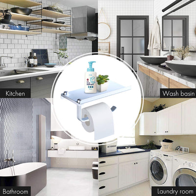 Wall Mounted Toilet Paper Holder with Phone Shelf, Space Aluminum Bathroom Accessories Tissues Roll Holder, Bathroom Paper Towel Storage Rack, Washroom Toilet Paper Holder with Storage Shelf, S5702