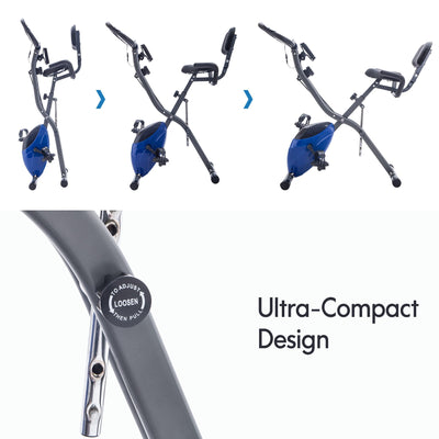 Indoor Cycle Stationary Exercise Bike, Foldable Indoor Recumbent X-Bike with Large LCD Display, Stationary Bike Exercise Equipment w/Adjustable 10-Levels Resistance, Arm Resistance Bands, Blue, S5862