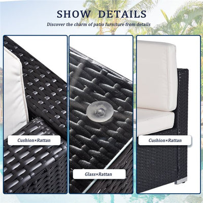 7 Piece Patio Furniture Set with 6 Rattan Wicker Chairs, Coffee Table and 2 Pillows, Outdoor Conversation Set with Beige Cushions for Backyard, Porch, Garden, Poolside, LLL4258