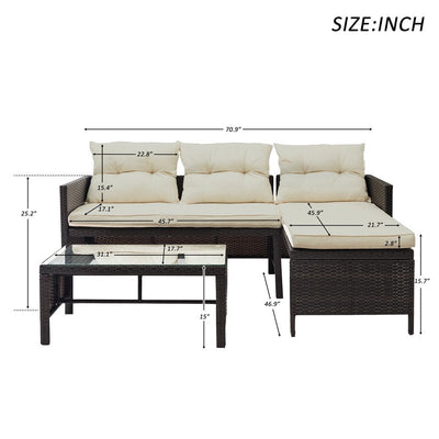 Patio Furniture Sets, 3 Piece Outdoor Conversation Sets with PE Rattan Loveseat Sofa, Glass Coffee Table, All-Weather Patio Sectional Sofa Set with Lounge for Backyard, Porch, Garden, Pool, LLL236