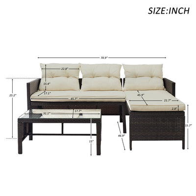 Patio Conversation Set, 3 Piece Outdoor Patio Furniture Sets with Lounge Chaise Chair, Loveseat Sofa, Coffee Table, All-Weather Patio Sectional Sofa Set with Cushions for Backyard, Garden, Pool, L4817