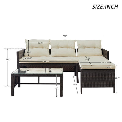 Rattan Wicker Patio Furniture, 3 Piece Patio Furniture Sofa Sets with PE Rattan Loveseat Sofa, Glass Coffee Table, All-Weather Patio Conversation Set with Lounge for Backyard, Porch, Garden, LLL244