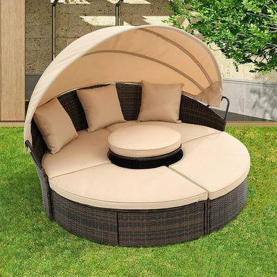 Outdoor Conversation Lounger Set, Round Patio Daybed Sunbed with Retractable Canopy and Cushions, Rattan Wicker Patio Sectional Sofa Set with Coffee Table for Backyard Porch Garden Deck Poolside