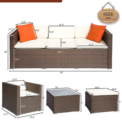 4 Piece Patio Furniture Set, All-Weather Outdoor Conversation Set with Loveseat and Glass Table, Wicker Sectional Sofa Set with Beige Cushions for Backyard, Porch, Garden, Poolside, LLL1311