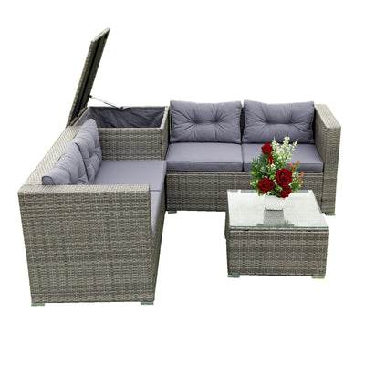 Outdoor Patio Chairs & Seating Sets Furniture for Outdoor Patio, 4-Piece Wicker Conversation Set w/L-Seats Sofa, R-Seats Sofa, Cushion box, Tempered Glass Dining Table, Padded Cushions, S9136