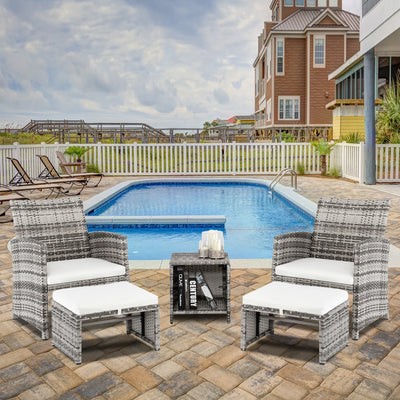 Outdoor Sectional Patio Bistro Set, 5 Piece Modular Sectional Wicker Poolside Sofa Furniture Set with 2 Ottomans, Conversation Furniture with Removable Seat Cushions, Table with Shelf, 406lbs, S6049