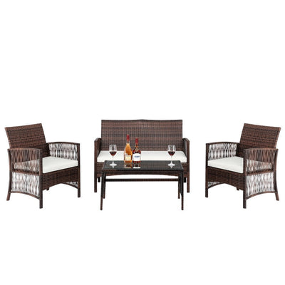 Outdoor Patio Furniture Set, 4 Piece Garden Conversation Set with Glass Dining Table, Loveseat & 2 Cushioned Chairs, Brown Wicker Patio Set with Coffee Table for Yard, Porch, Poolside,L3115