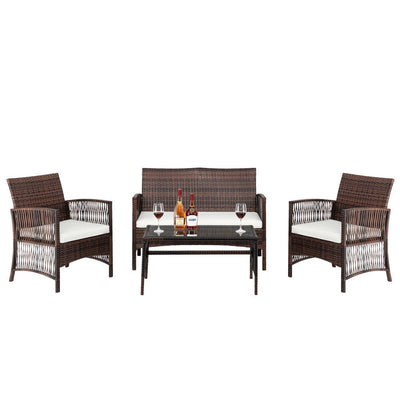 Outdoor Patio Furniture Set, 4 Piece Garden Conversation Set with Glass Dining Table, Loveseat & 2 Cushioned Chairs, Brown Wicker Patio Set with Coffee Table for Yard, Porch, Poolside, S10001