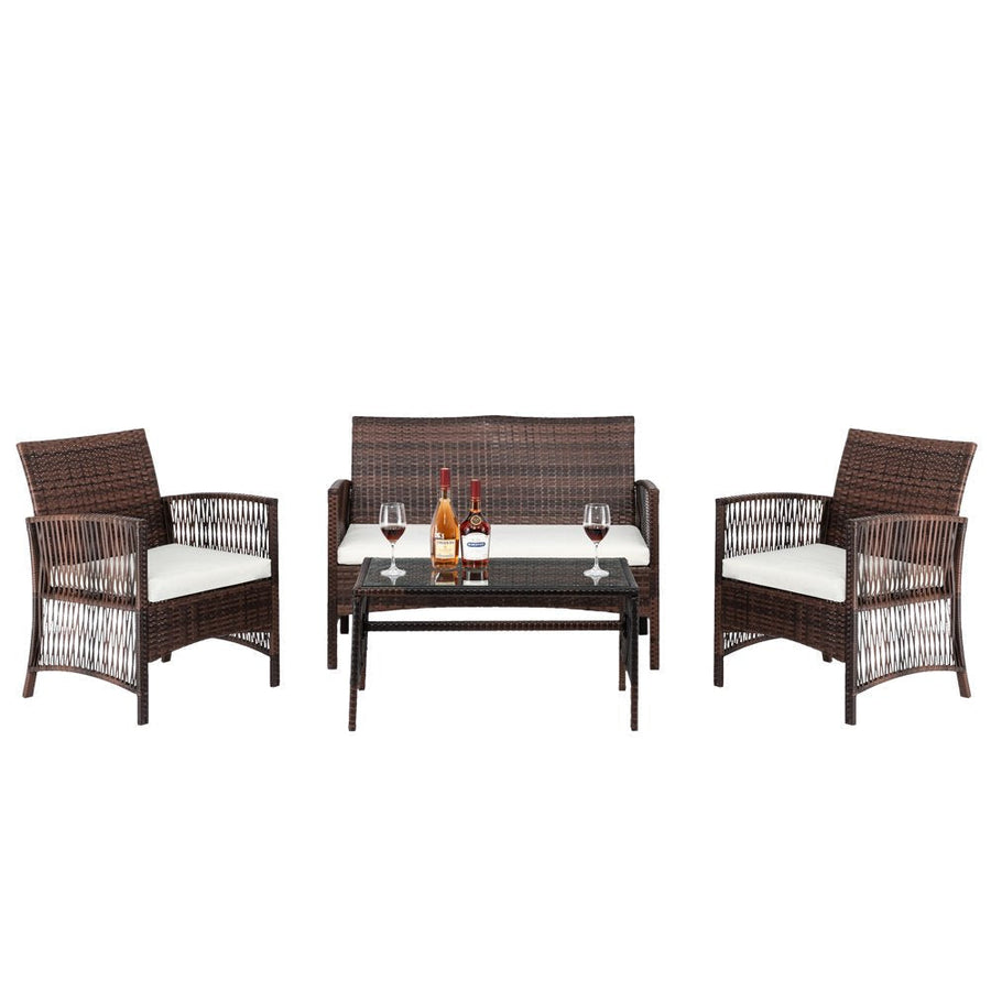 Outdoor Patio Furniture Set, 4 Piece Garden Conversation Set with Glass Dining Table, Loveseat & 2 Cushioned Chairs, Brown Wicker Patio Set with Coffee Table for Yard, Porch, Poolside, S10001