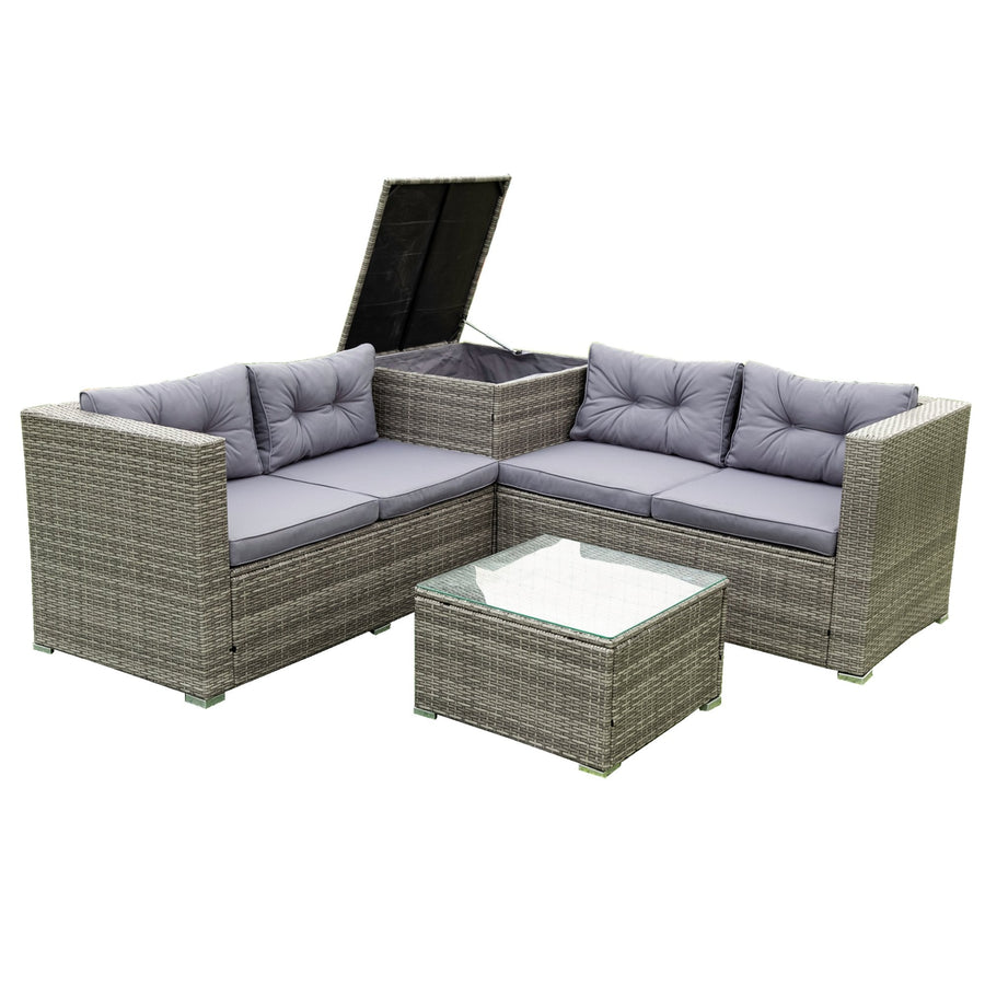 4 Piece Outdoor Patio Furniture Set, with Loveseat, Coffee Table and Storage Box, All-Weather Rectangle Patio Sofa Wicker Set with Cushions for Backyard, Porch, Garden, Pool, L