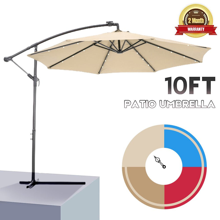 Outdoor Umbrella with Led Lights, 10FT Solar LED Offset Patio Umbrella, Hanging Cantilever Market Patio Umbrella with Crank, Cross Base, Backyard Offset Umbrella for Garden Pool, L