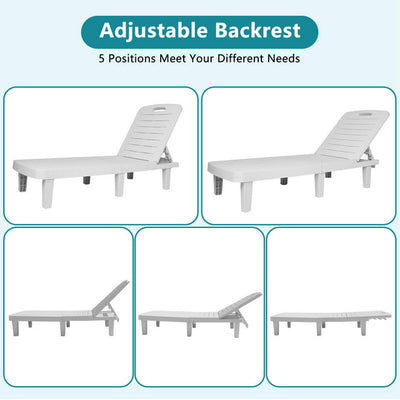 Outdoor Chaise Loungers, 2 Piece Patio Chaise Lounge Chairs Furniture Set with Adjustable Back/Retractable Tray, All-Weather Plastic Reclining Lounge Chair for Beach, Backyard, Porch, Garden, Pool, L