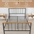 Bed Frame, Twin-Size Heavy Duty Metal Bed Frame with Wood and Iron Headboard and Footboard, Vintage Mattress Foundation Steel Platform Bed Frame for Adults, Wood Color Finish, 500lbs, Twin, S2014