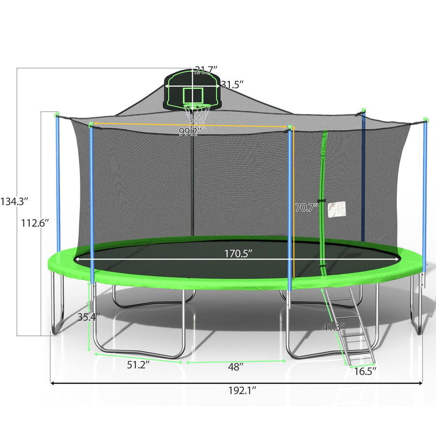 Outdoor Trampoline for Kids, 2022 Upgraded 16FT Trampoline with Backboard Enclosure Net, Safety Spring Cover Padding, Basketball Hoop & Ladder, Outdoor Activity for Kids and Parents, Green, S1770