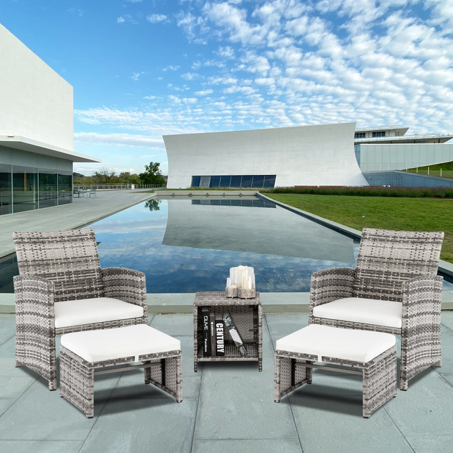 Outdoor Sectional Patio Bistro Set, 5 Piece Modular Sectional Wicker Poolside Sofa Furniture Set with 2 Ottomans, Conversation Furniture with Removable Seat Cushions, Table with Shelf, 406lbs, S6049
