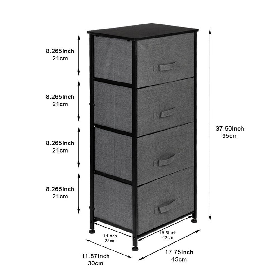 4-Drawer Dresser Organizer Tower, Tall Slim Storage Dresser Narrow Furniture Unit with Wood Top, 4 Drawer Removable Fabric Bins, Brown, SS2337