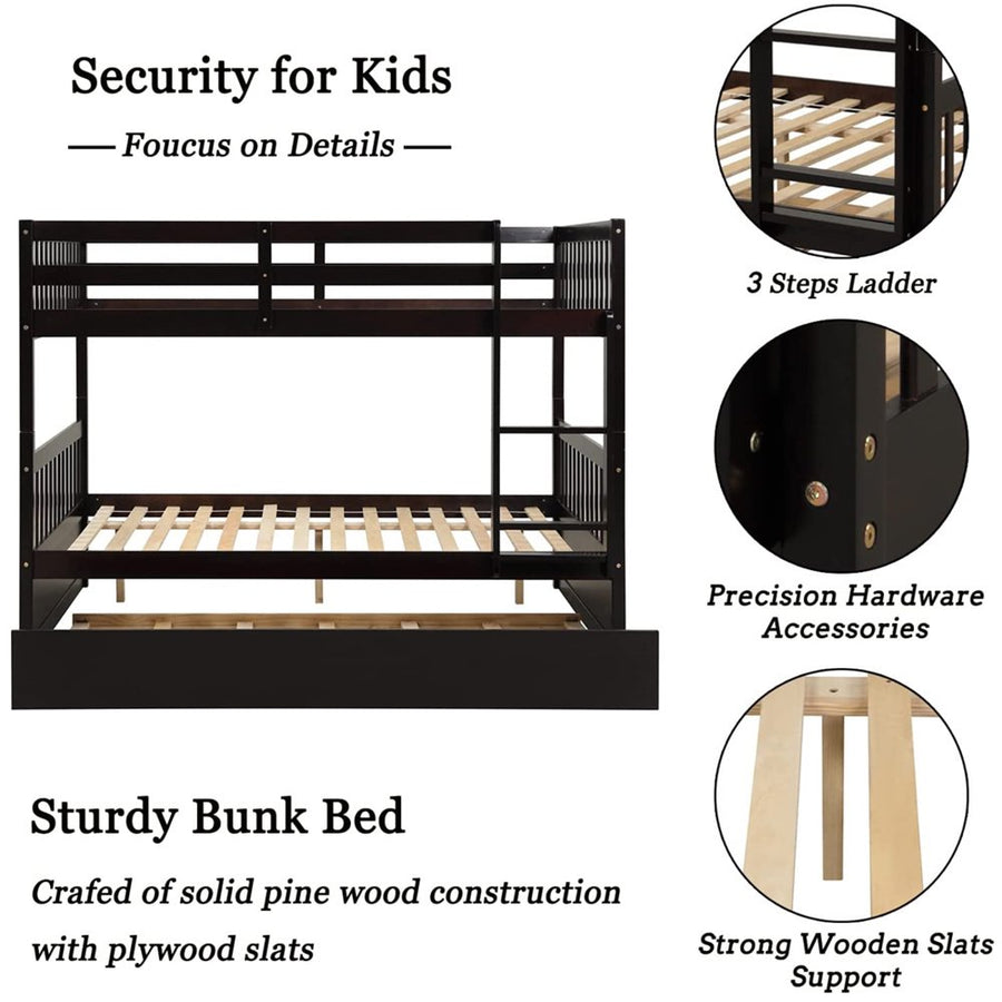 Solid Wood Bunk Beds for Kids, SEGMART Espresso Full over Full Bunk Bed with Trundle, Solid Wood Full Bunk Bed with Ladder, Full Size Detachable Bunk Bed Frame for Kids, Boys, Girls, Teens, LLL4381