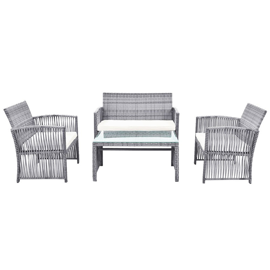 Outdoor Conversation Sets, 4 Piece Wicker Patio Set With Glass Dining Table, Loveseat & 2 Cushioned Chairs, Gray Patio Furniture Set with Coffee Table for Backyard, Porch, Garden, Poolside, L3110