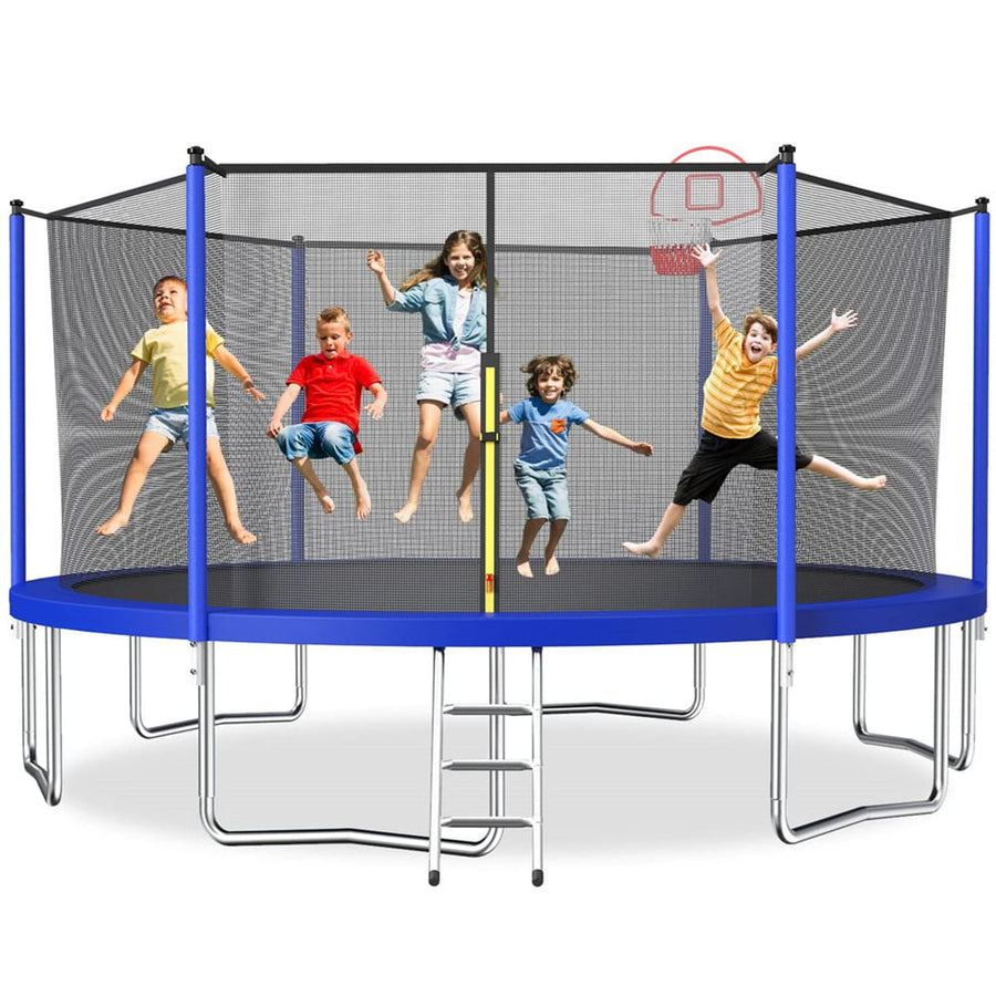 16FT Trampoline with Basketball Hoop, Blue Outdoor Trampolines Recreational Kids Trampoline with Enclosure Net Outdoor for 3-5 Kids, L