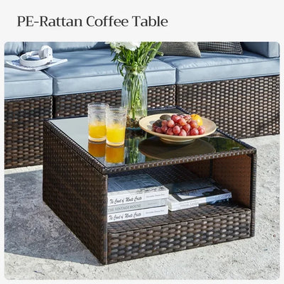 7 Piece Patio Furniture Set, 6 Rattan Wicker Chairs with Glass Dining Table, All-Weather Outdoor Conversation Set with Cushions for Backyard, Porch, Garden, Poolside, L4496