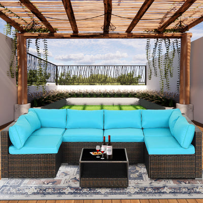 Clearance! 7 Piece Patio Furniture Set, 6 Rattan Wicker Chairs with Glass Dining Table, All-Weather Outdoor Conversation Set with Cushions for Backyard, Porch, Garden, Poolside, L4484