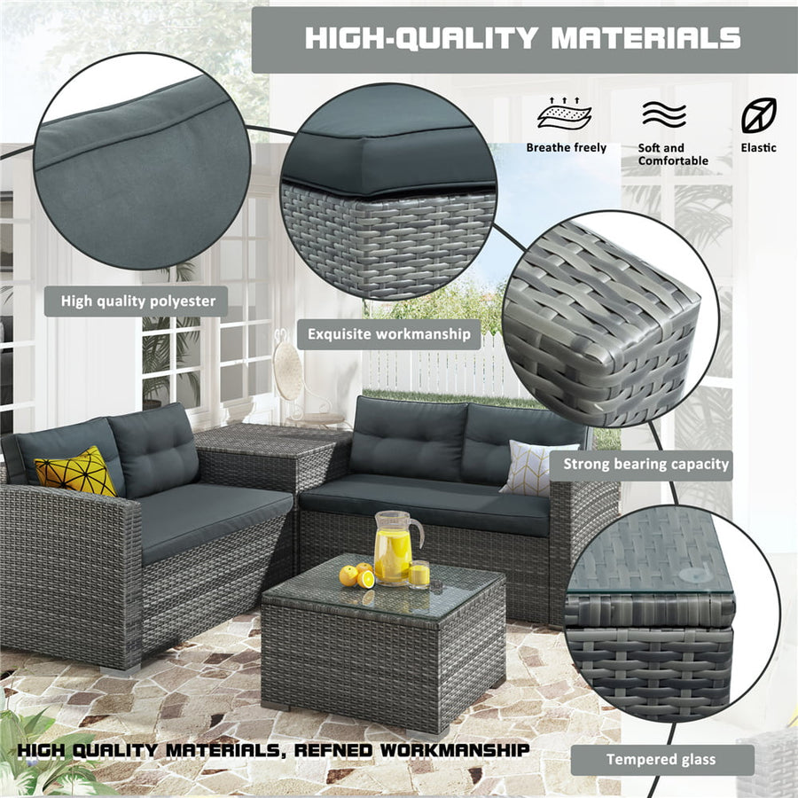 Patio Furniture Set Clearance, 4 Piece Patio Furniture Sets with Loveseat Sofa, Storage Box, Tempered Glass Coffee Table, All-Weather Patio Sectional Sofa Set with Cushions for Backyard Garden Pool