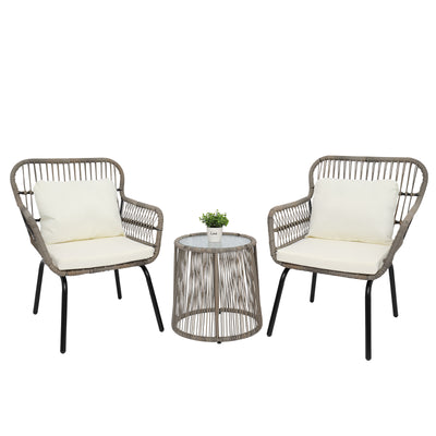 3 PCS Bistro Set, Outdoor Patio Porch Furniture Sectional Chairs with Glass Tabletop Tea Table, PE Rattan Patio Furniture Conversation Set for Lawn Pool Courtyard Garden Balcony