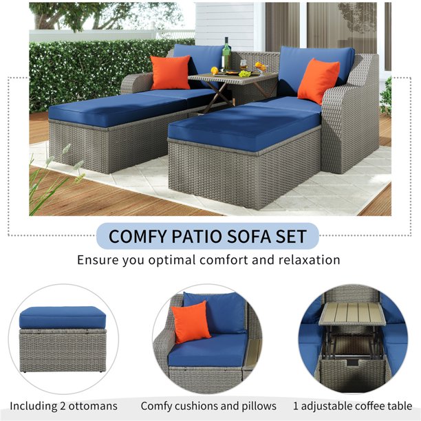 Outdoor Conversation Sets, 5 Piece Patio Furniture Sets with 2 Armchairs, 2 Ottomans, Coffee Table, Outdoor Patio Sectional Sofa Set with Cushions for Backyard, Porch, Garden, Poolside, LLL1446