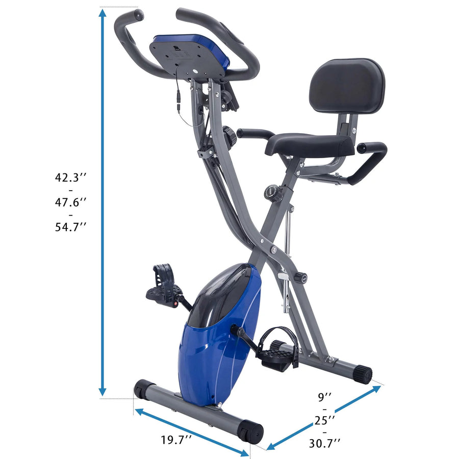 Indoor Cycle Stationary Exercise Bike, Foldable Indoor Recumbent X-Bike with Large LCD Display, Stationary Bike Exercise Equipment w/Adjustable 10-Levels Resistance, Arm Resistance Bands, Blue, S5862