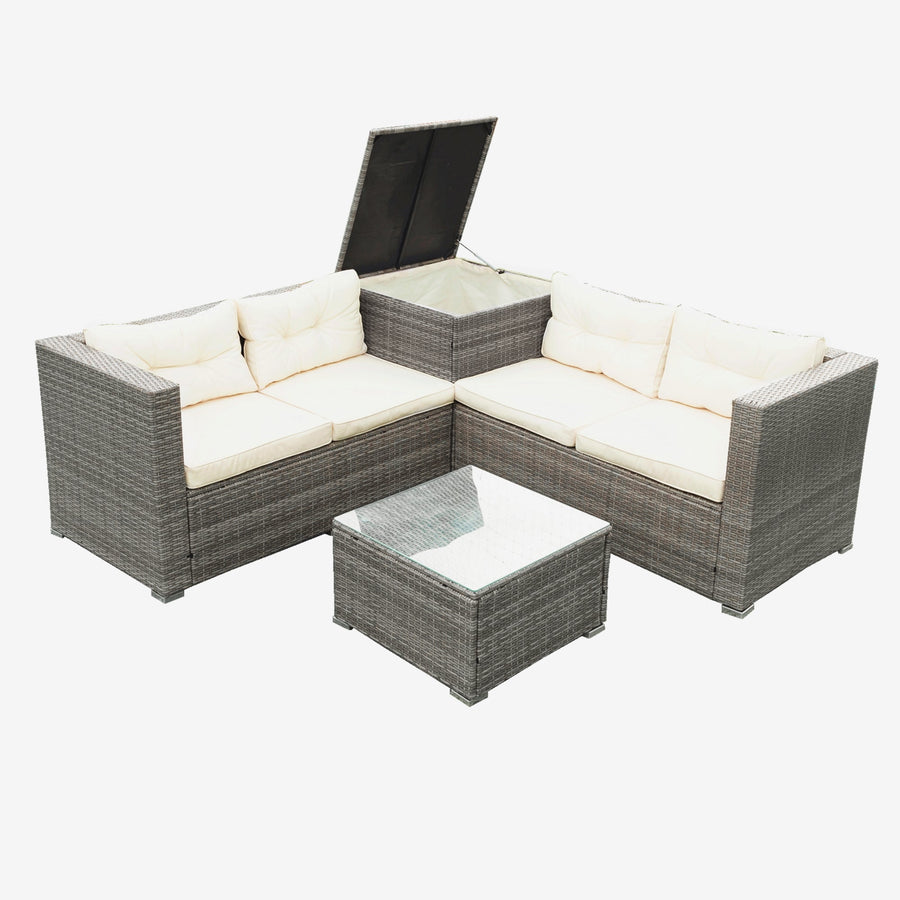 Rattan Wicker Patio Furniture, 4 Piece Outdoor Conversation Set with Storage Ottoman, All-Weather Sectional Sofa Set with Creme Cushions and Table for Backyard, Porch, Garden, Poolside,L4527