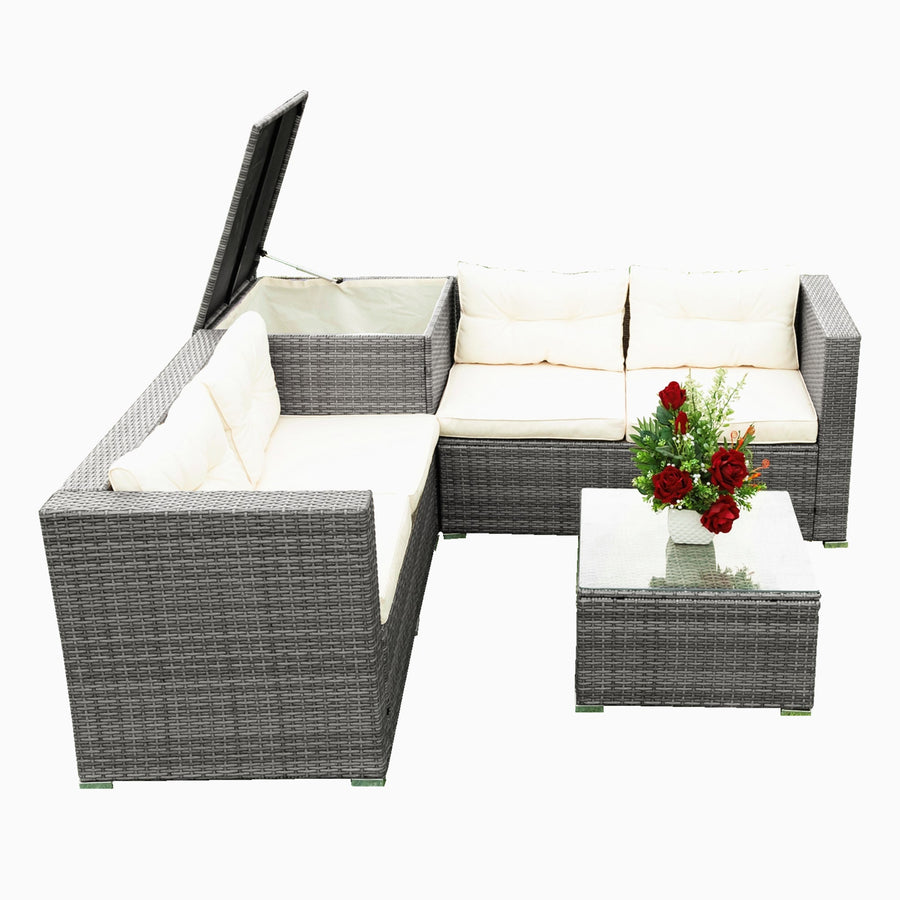Patio Wicker Sectional Sofa Set, 4 Piece Outdoor Conversation Set with Storage Ottoman, All-Weather Wicker Patio Furniture with Creme Cushions and Table for Backyard, Porch, Garden, Poolside, L4523
