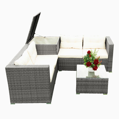 Patio Conversation Set, 4 Piece Brown Wicker Patio Furniture with Storage Ottoman, All-Weather Patio Sectional Sofa Set with Cushions and Table for Backyard, Porch, Garden, Poolside, L4525