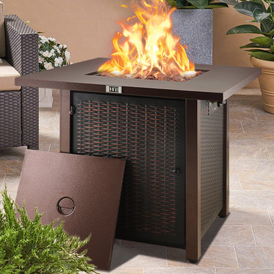 Gas Fire Pit, SEGMART 28" 40,000 BTU Fire Pit Table, Propane Fire Pit with Lid/Lava Rocks, Metal Square Gas Fire Pits for Outside Garden Backyard Deck Patio, Bronze, LLL4004