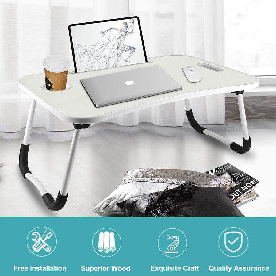 Fold Laptop Desk for Bed, Portable Laptop Bed Tray with Legs, Small Lazy Laptop Bed Tray with iPad Slots, White Laptop Table for Adults/Students/Kids, Eating Working Desk for Couch/Sofa/Floor, HJ1822
