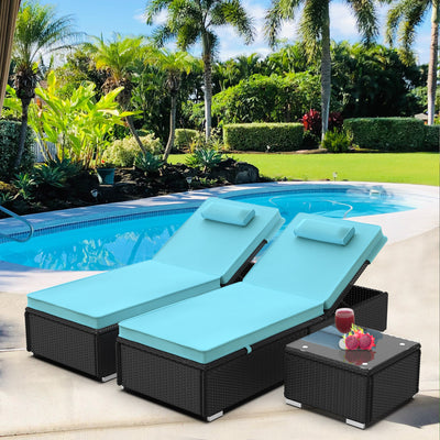Segmart 3 Pieces Patio Wicker Chaise Lounge Furniture Set, Pool Reclining Chaise Chairs Set with 2 Pillows, 5-Level Angles Adjust Backrest Outdoor Lounge with Coffee Table & Cushions, SS2116
