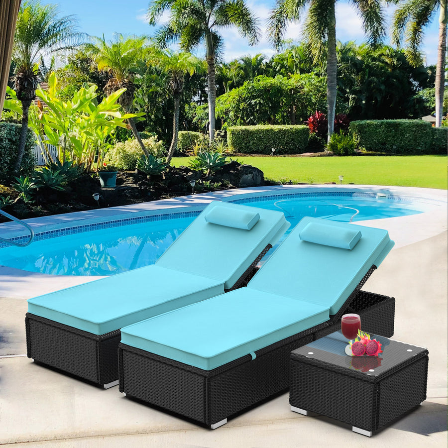 Segmart 3 Pieces Patio Wicker Chaise Lounge Furniture Set, Pool Reclining Chaise Chairs Set with 2 Pillows, 5-Level Angles Adjust Backrest Outdoor Lounge with Coffee Table & Cushions, SS2116
