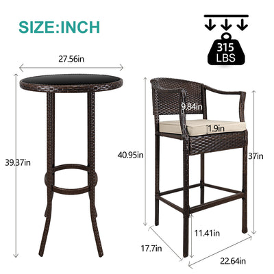 SEGMART 3 Pieces Outdoor Bistro Patio Bar Furniture Sets, Outdoor Height Bar Bistro Table Set with High Top Table and 2 PCS High Chair, SS300